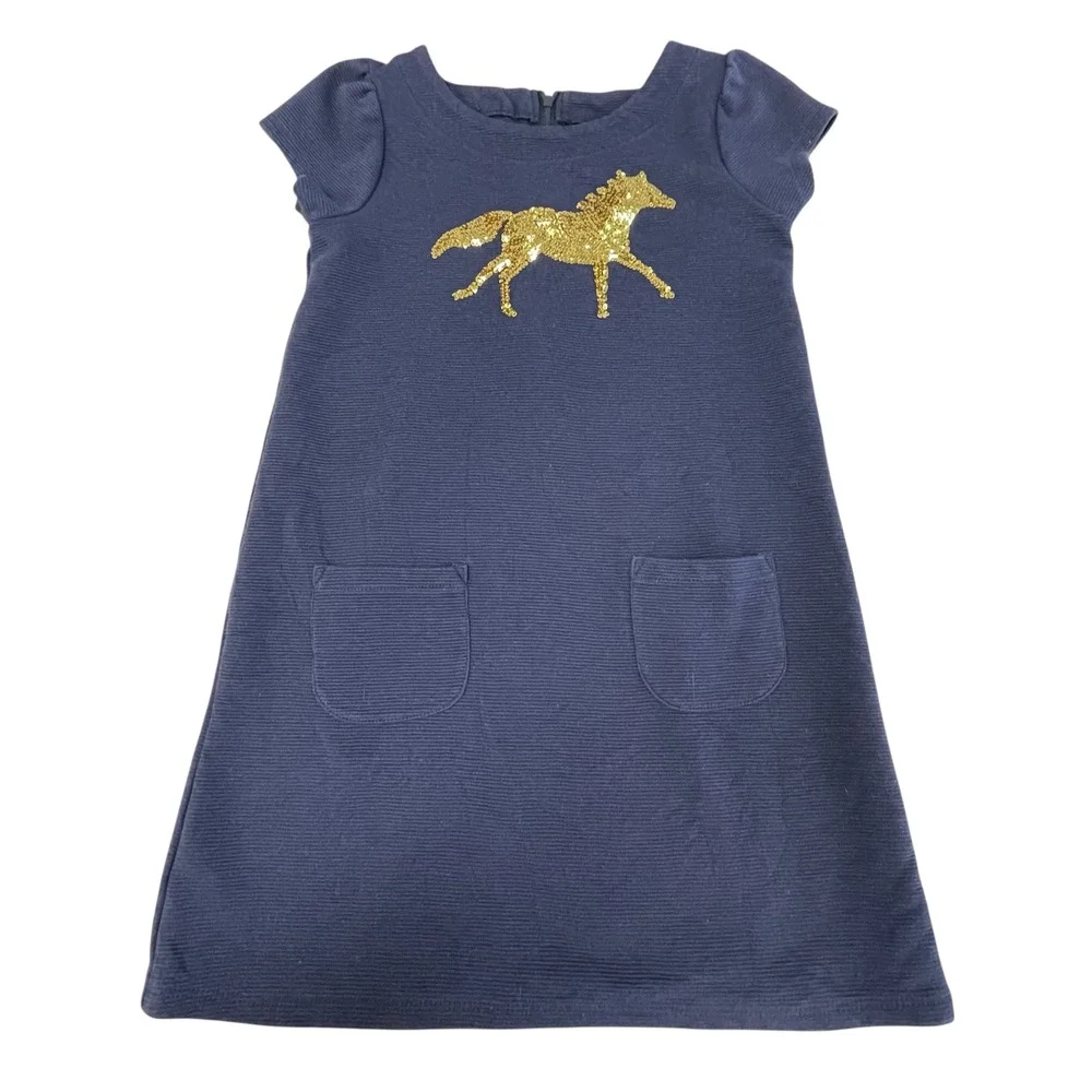Gymboree Girls Dress Size 8 Navy Gold Sequin Horse Short Sleeve Pockets